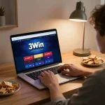 Engaging in online gambling with 3win on laptop in a cozy home setting, showing excitement and strategic focus.
