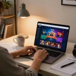Engaging with HITCLUB gaming platform at home, showcasing a cozy online gambling setup with strategic notes.