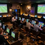 F168 sports betting atmosphere with engaging patrons actively placing bets and celebrating victories amidst vibrant decor.