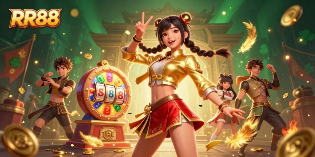 Engage in thrilling casino adventures at RR88 with a vibrant illustration of games and excitement!