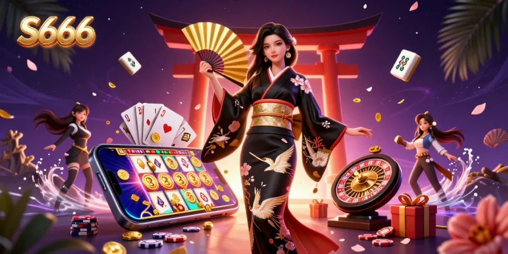 S666 casino scene showcasing dynamic gameplay with a pouring array of poker chips, golden coins, and lively slot games.