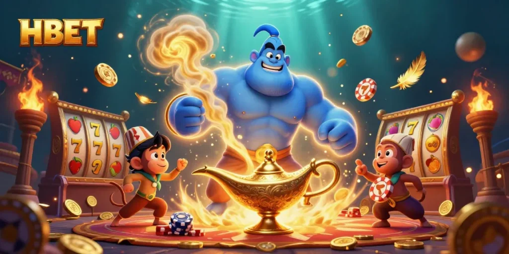 Experience the thrill of HBET in a vibrant casino scene with a magical genie and poker chips.