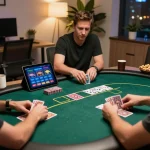 XX88 online poker gameplay with player engaged at home, showcasing strategic card actions during a game.