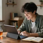 A user engages in an AI sex chat on a tablet, highlighting a cozy home atmosphere with a warm glow.