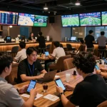 Bongdalu sports fans eagerly placing bets in a vibrant lounge, showcasing live betting enthusiasm.