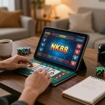Engaging in online gaming with NK88 on a tablet, showcasing a vibrant home setup