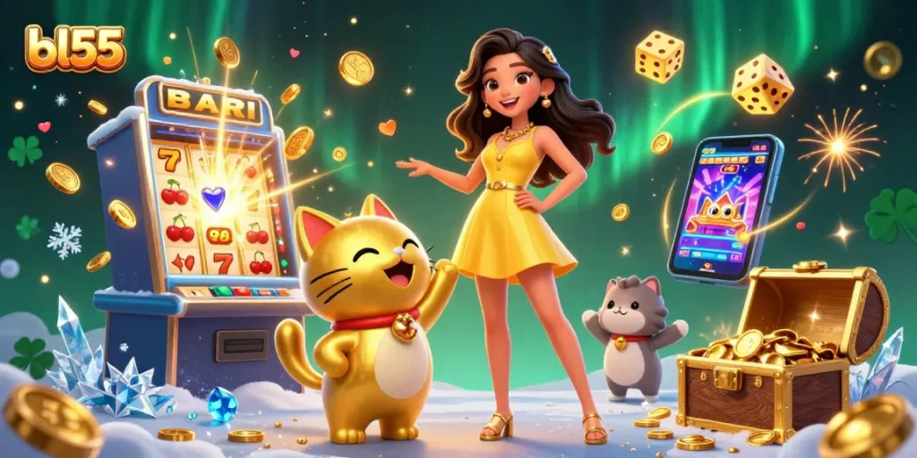 Experience thrilling jackpots at bl55 with a cheerful Asian woman and a lucky cat mascot in a vibrant casino scene.