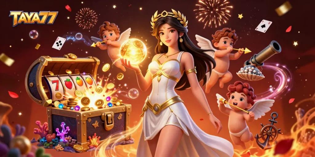 Engage with TAYA777 through thrilling casino adventures with vibrant 3D goddess and playful cherubs.