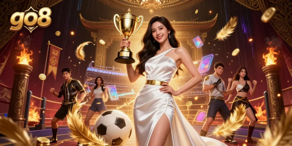 Experience the thrilling world of go8 with a stunning victory illustration featuring Asian glamour and sports betting elements