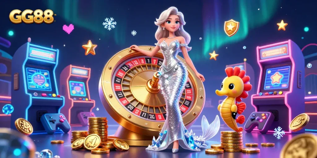 Bet big with GG88 in an immersive casino world featuring roulette wheels and charming characters.