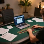 Win678 player enjoying engaging blackjack game on laptop, strategic notes visible, cozy atmosphere.