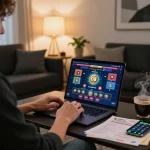 Player accessing O8 online casino on a laptop at home, showcasing engaging gaming action.