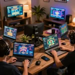 FABET players engaging with online casino games on laptops, creating a strategic gaming atmosphere.