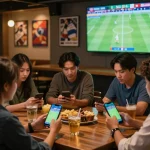 Engaged friends placing bets on บอล ออนไลน์ during a thrilling live football match.