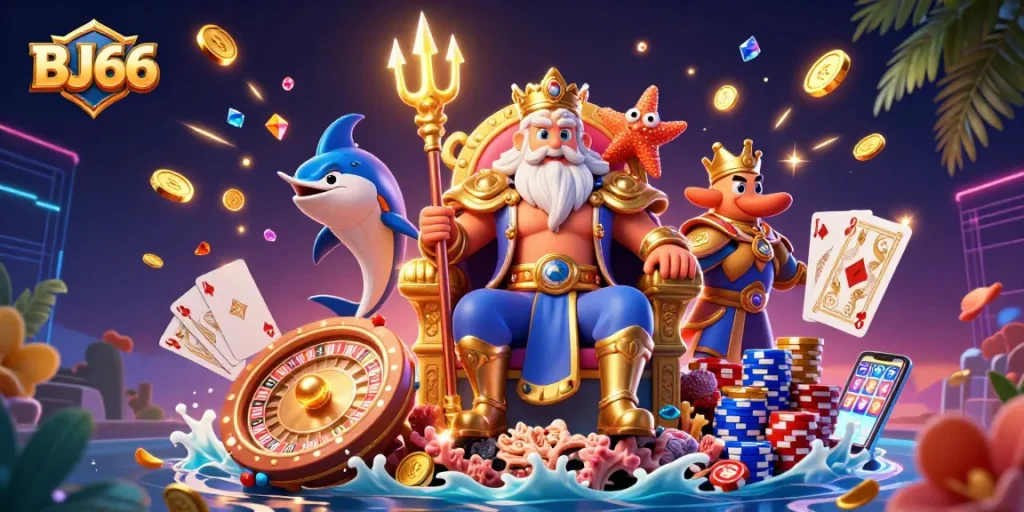 Experience thrilling gameplay at BJ66 with 3D characters amidst a vibrant casino scene, showcasing excitement.
