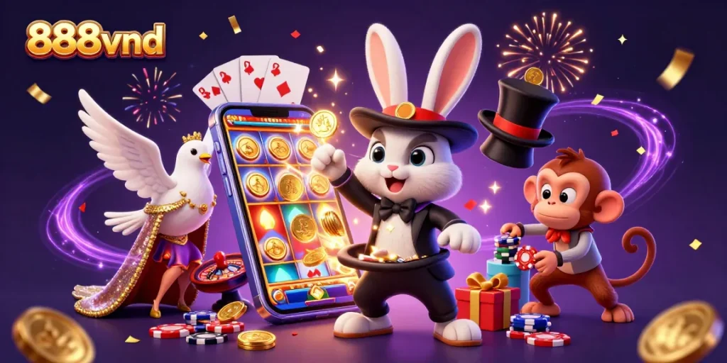 Experience the excitement of 888vnd with a magician rabbit, golden coins, and gameplay elements!