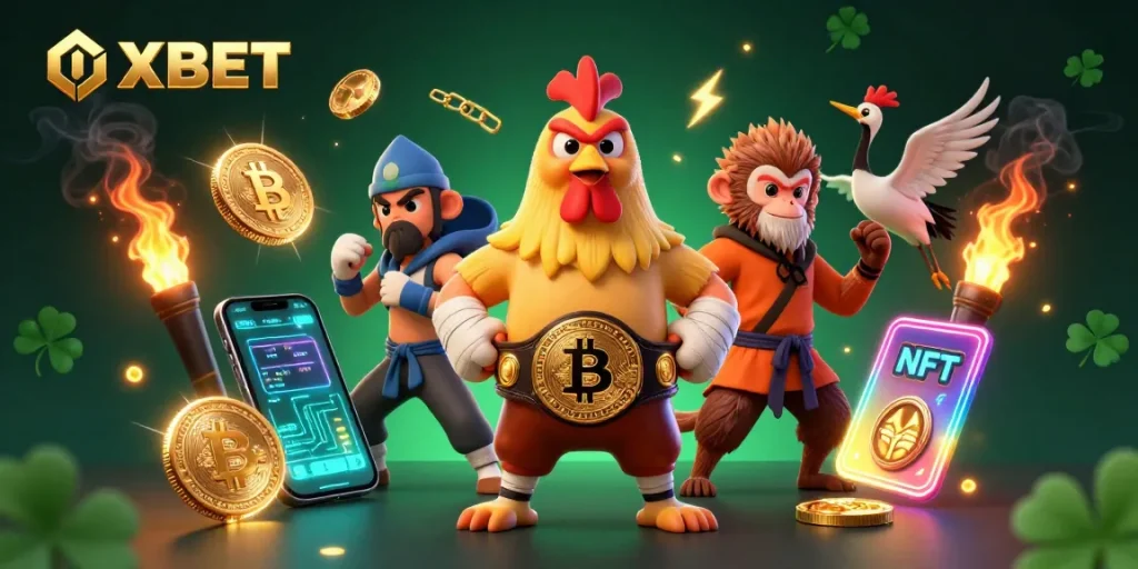 Engaging OXBET scene with Muay Thai rooster and Shaolin monkey amidst crypto elements and vibrant casino motifs.
