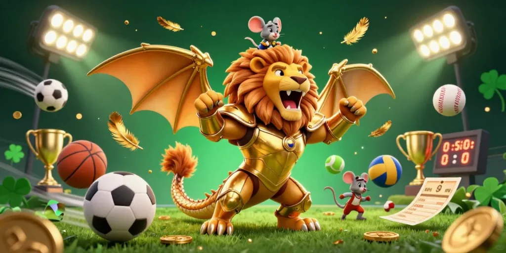Engage in thrilling sports betting action with DA88 as a majestic chimera captures victory amidst flying sports elements.