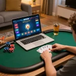 Player engaging in an online poker game on kubet79 laptop at home, with warm ambient lighting and cozy atmosphere.