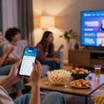 Friends enjoying a movie night with Pikashow APK download on smartphone, popcorn on the table.