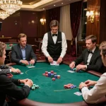 B52club players enjoying an upscale poker game with chips and cards on an elegant table