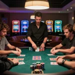 Engaging poker game featuring players strategizing in a Pragmati Play environment with vibrant chips.