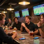 MM88 bettors analyzing odds and placing bets in a lively lounge atmosphere.