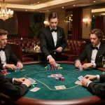 Engaging poker game scene at a luxurious casino, showcasing players' excitement and gen-e strategies.