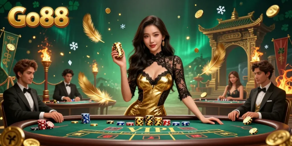 Engage with Go88's thrilling VIP gaming table experience showcasing high-value golden chips.