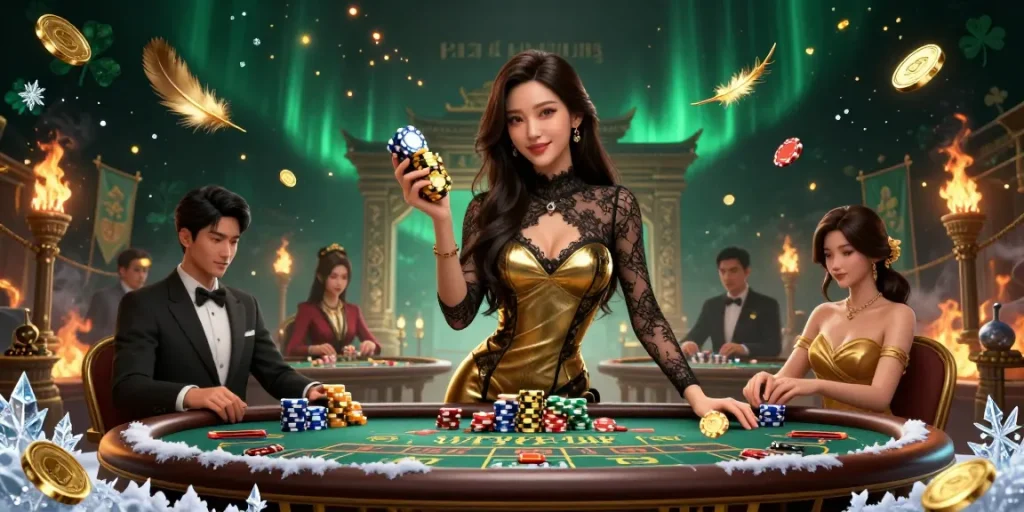 Engage with the HITCLUB at a luxurious baccarat table filled with golden chips and dynamic game elements.