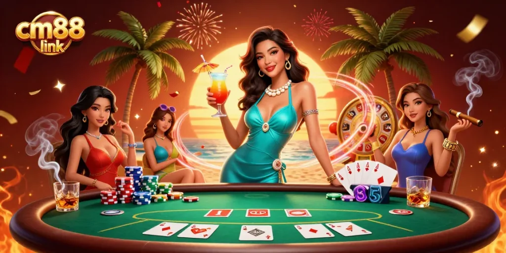 Experience excitement at cm88 link with vibrant casino scene showcasing poker and tropical themes.