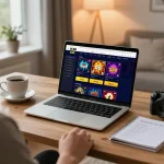 Engaging player interacting with SC88 online casino game on laptop, cozy home office atmosphere for responsible gaming.