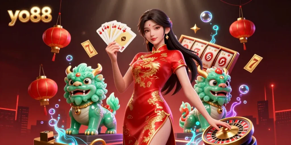 Experience the excitement of yo88 with a captivating 3D illustration featuring dynamic casino elements.