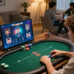 Engaged players strategizing with MM88 online poker gameplay on a cozy home setup