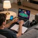 Engaged player exploring LV88 online dealer blackjack game on laptop at home