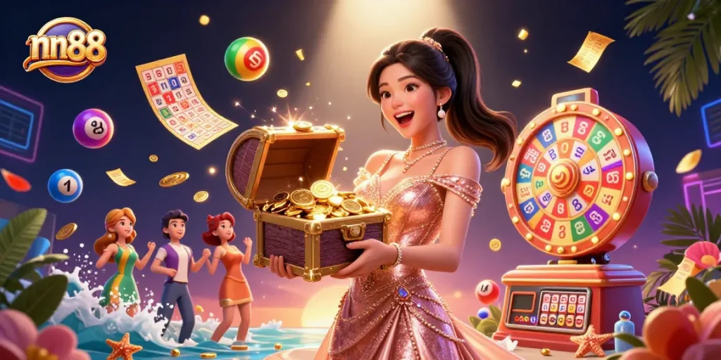 Engage with nn88's thrilling gaming scene featuring vibrant game elements and a joyful treasure reveal.