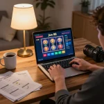 Engaging live online gaming scene on jun 88 platform, with player focused on slot machine display in cozy home.