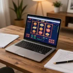 uu88 online gaming setup with laptop displaying casino interface and betting notes