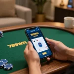 Playing poker on the 789WIN app with chips and cards in view, cozy home atmosphere.
