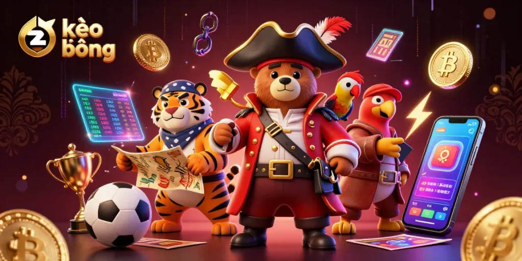 Engage with kèo bóng đá as a 3D cartoon pirate bear and tiger, navigating sports betting
