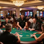 Players enjoying strategic poker gameplay at 13win's vibrant casino floor under lavish chandelier lighting.