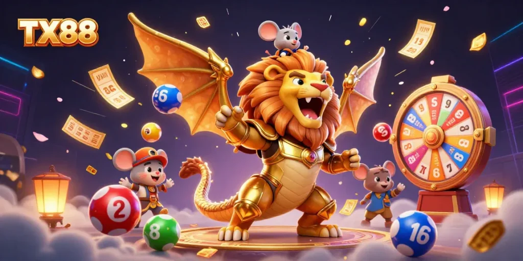 Experience thrilling wins at TX88 with a dynamic casino scene featuring a golden chimera and colorful lottery elements.