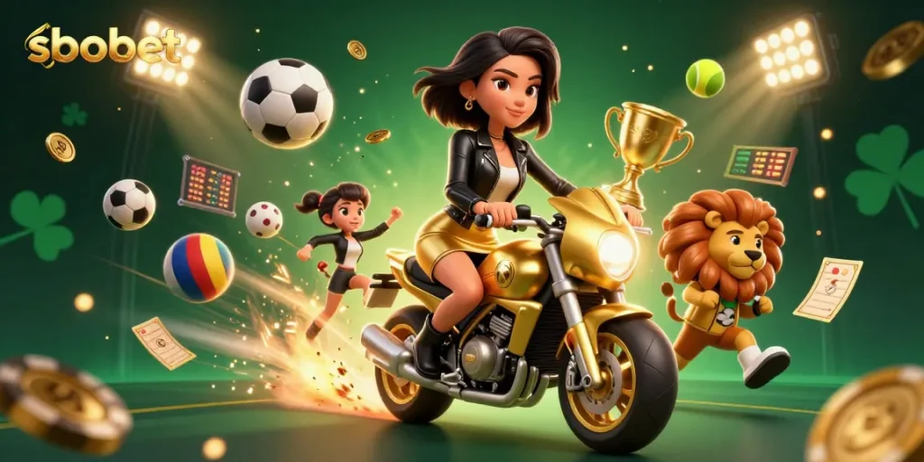 Experience sbobet sports betting excitement with an Asian woman riding a golden lion mascot.