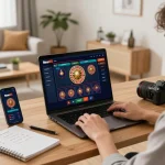 Engaging scene of a gamer using New88 on a laptop, showcasing a strategic online casino experience in a modern home setting.