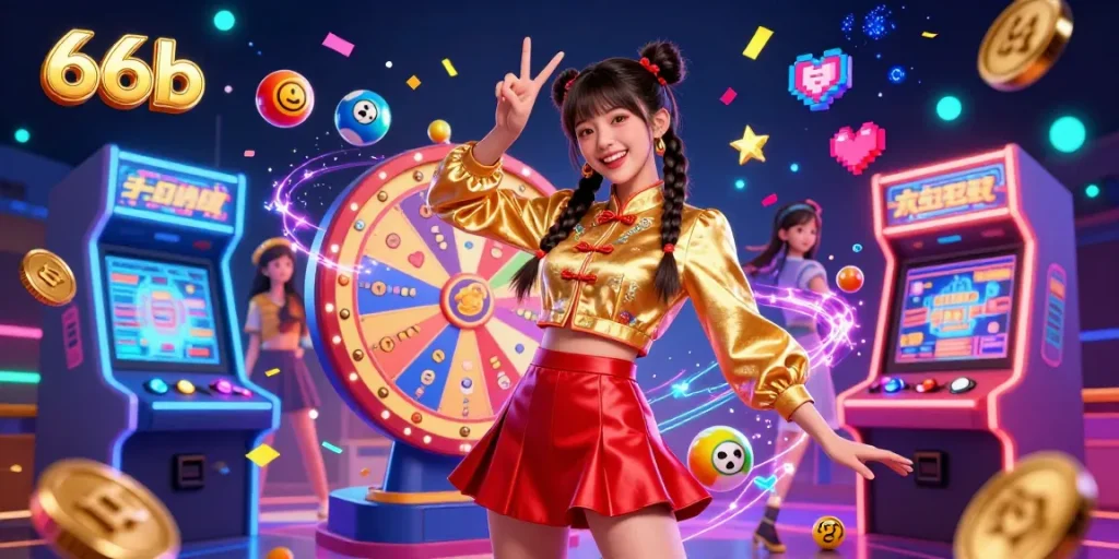 Experience the excitement at 66b with vibrant 3D scenes of lottery games, spinning prize wheels, and colorful characters in action.