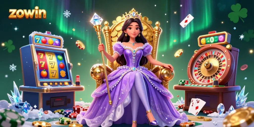 Experience winning with Zowin in an ultra-detailed 3D casino scene featuring diverse gaming elements.