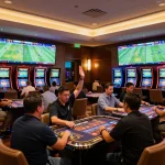 Engaged bettors analyzing odds and placing bets at the sports betting lounge of 789win, showcasing excitement