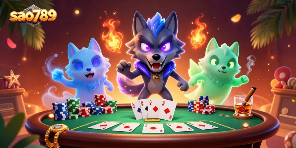 Sao789 invites players into a vibrant poker scene with spectral wolves and epic gameplay elements.