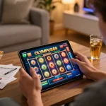Player engaging with OLYMPUS88 slot game on tablet, showcasing a vibrant online gaming atmosphere.
