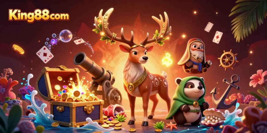 Experience exciting wins at King88com with a vibrant casino illustration featuring a druid and treasures.